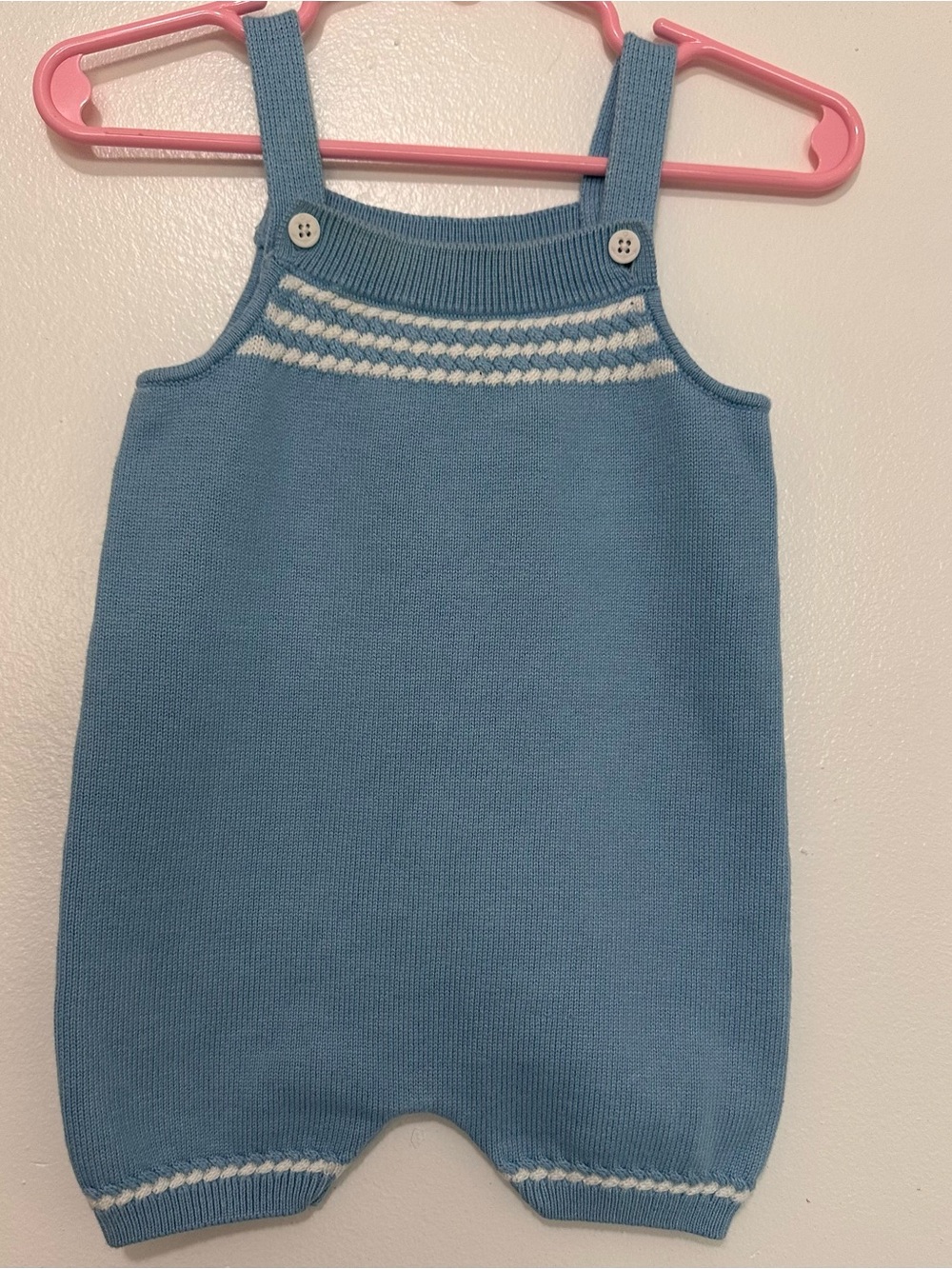 Janie and Jack Light Blue Knit Romper with White Trim
